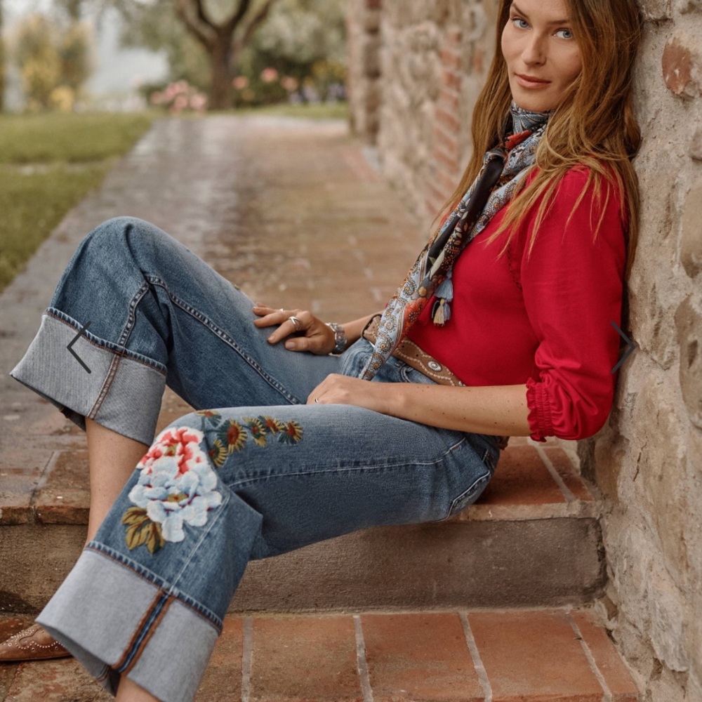 Johnny Was Blue Floral Embroidered Cropped Jeans